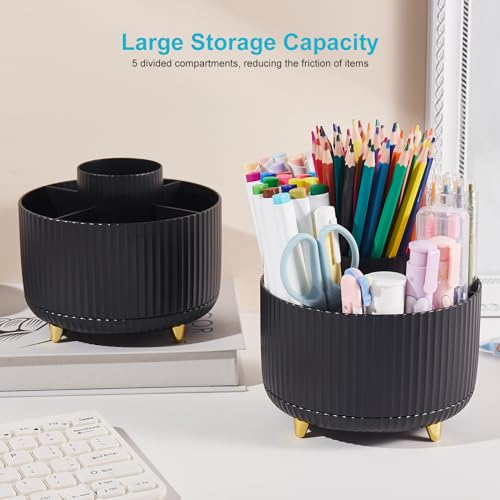 Image of 360 Degree Turntable Pen Holder Office Desk Organizer Multi-Functional Pencil Cup Desktop Stationary Organizer Storage for Office School Home (Black)