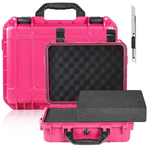 Image of Relaxweex 1 Pcs 11.3 x 8.6 x 4.2 Inch Waterproof Hard Case with DIY Customizable Foam Insert Portable Protective Case with Knife for Camera Drones Equipments Tools Test Instruments(Rose Red)