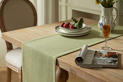 Image of ZeeMart Burlap Style Farmhouse Table Runners 36 Inches Long, Sage Green Rustic Woven Dining Table Runner for Everyday Use, 14x36 Inches, Light Sage Green