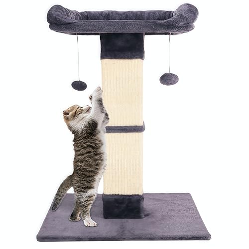 Runske 34 Cat Scratching Post for Indoor Cats Sisal Cat Scratcher with Large Plush Perch Vertical Posts with Elevated Bed and with Two Dangling Balls Removable & Washable Cover Dark Grey