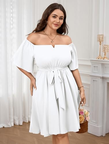 Image of SCOMCHIC Womens Plus Size Cocktail Dress Summer Off Shoulder Short Sleeve Flowy Ruffle A-Line Cute Mini Dress with Belt