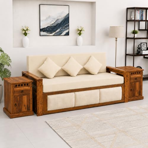 Image of SONA ART & CRAFTS Zeus Sheesham Wood 3 Seater Sofa Cum Bed with Bedside | Wooden 3 Seater Sofa for Living Room Wooden Furniture Sofa Bed for Home (Natural Finish)