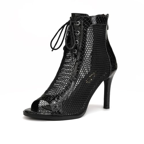 YCALCP Bottines de Danse Latine à Lacets en Maille Bout Ouvert Chaussures de Danse Femme Heels Chaussures de Danse à Talon,DS-970-PU-Noir-S,Talon de 9 cm,EU 39