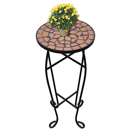 YUTAASU Tavolo Piante Mosaico Ceramica con Gambe Curve Ferro, Diametro 30 cm Altezza 60 cm, Resistente alle Intemperie per Giardino Balcone Terrazza, Colore Terracotta