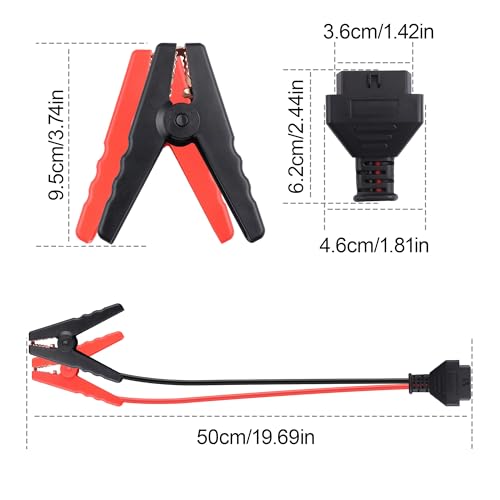 Image of OBD2 Emergency Power Supply Cable,16-Pin OBD II Connector for Car ECU Memory Saver During Battery Change,Memory Protector Cable with Battery Clamp Prevent Data Loss 18AWG (20 Inch)