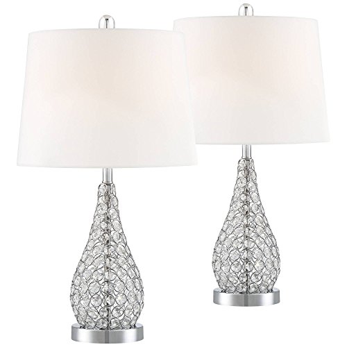 360 Lighting Sergio Modern Accent Table Lamps 23 1/2" Tall Set Of 2 With Usb Charging Port Chrome Clear Acrylic White Drum Shade For Bedroom Living Room House Desk Bedside Nightstand Office #TOP1