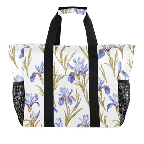 JUNZAN France Iris Flowers Utility Tote Bag Foldable Beach Bag Sandproof Grocery Shopping Tote Canvas Laundry Bag2