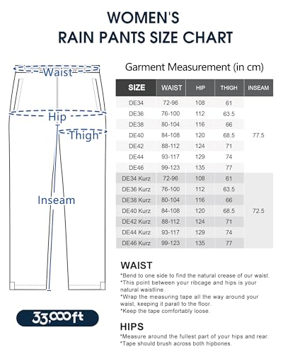 33,000ft Damen Regenhose wasserdichte Fahrrad Überziehhose Reflektierende Winddichte Leichte Outdoorhose zum Golf Wandern Angeln Schwarz 42