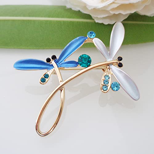 Image of Navachi 18k Gold Plated Multicolor Enamel White Crystal Double Dragonfly Wings Brooch Pins