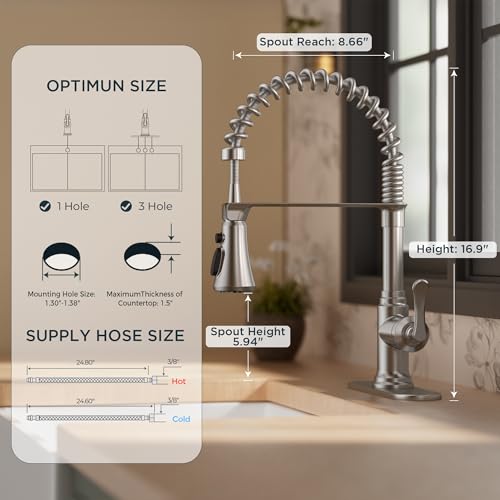 Image of FORIOUS Rustic Kitchen Faucet with Pull Down Sprayer Brushed Nickel, 3 Modes Stainless Steel High Arc Vintage Spring Sink Faucet 1 or 3 Holes for Pot Filler, Farmhouse Camper Wet Bar