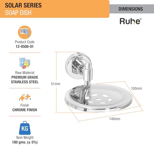 Image of Ruhe Solar Soap Dish | Stainless Steel | Wall Mounted | Soap Dish Holder | Soap Try For Bathroom Accessories | Soap Stand | Soap Holder For Bathroom and Kitchen |Bathroom Organizer| Chrome Finish