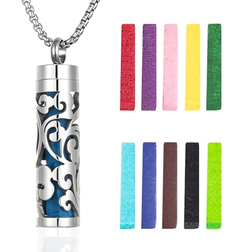 ELNX Collier Diffuseur d'Huiles Essentielles Bijou Aromathérapie en Acier Inoxydable avec 10 Tampons Parfumés pour Femmes et Hommes (Vague)