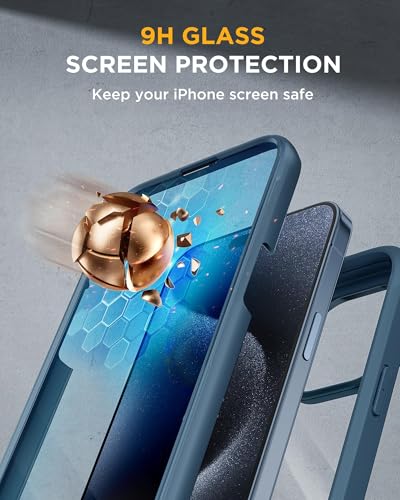 Image of Miracase Glass Series for iPhone 15 Pro Max Case 6.7 Inch, Full-Body Drop Proof Phone Case for iPhone 15 Pro Max with Built-in 9H Tempered Glass Screen Protector + Camera Protector, Storm Blue