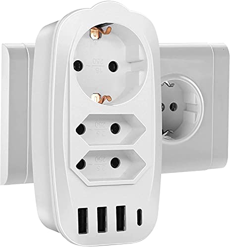 Adaptador Enchufe (4000W), Ladron Enchufes con 1Type C USB+3 Type A USB Puertos+2 Enchufes EU+1 Toma de CA