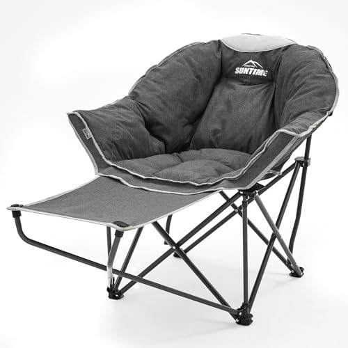 OUTDOOR LIVING SUNTIME Oversized Padded Comfy Camping Chair with Removable Footrest, Weight Capacity 400 LBS, Heavy Duty Moon Round Leisure Folding Chair for Camping, Hiking, Carry Bag, Gray