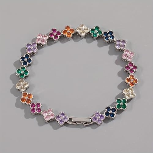 Rainbow & Clover Zircon Unisex Bracelet, Crystal Flower Design, Fashion-Forward Accessory - Image 6