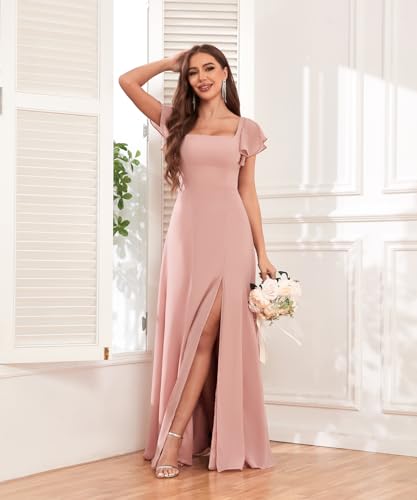 OFEECHUN Women's Chiffon Long Bridesmaid Dresses with Sleeves A Line Evening Formal Party Dress with Slit3