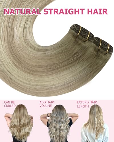Image of YoungSee Blonde Clip in Hair Extensions 12 Inch Short Human Hair Clip ins Extensions Ash Blonde Balayage Platinum Blond, Easy to Wear at Home, Clip in Extensions Real Human Hair for Beginners 7Pcs 85G