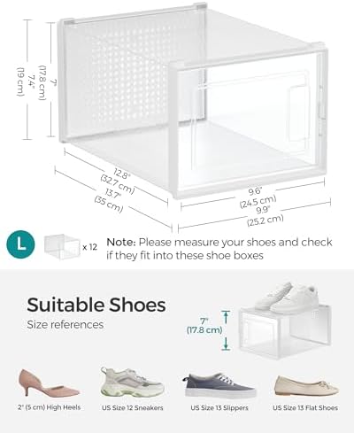 SONGMICS Shoe Boxes, Pack of 12 Stackable Shoe Storage Organizers, Foldable and Versatile for Sneakers, Fit up to US Size 9.5, Transparent and White ULSP12MWT