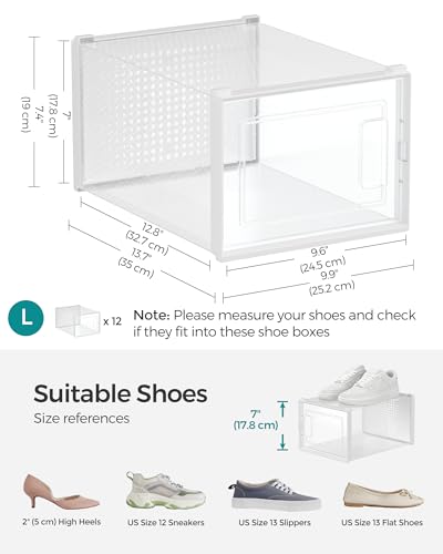 SONGMICS Shoe Boxes, Pack of 12 Stackable Shoe Storage Organizers, Foldable and Versatile for Sneakers, Fit up to US Size 9.5, Transparent and White ULSP12MWT