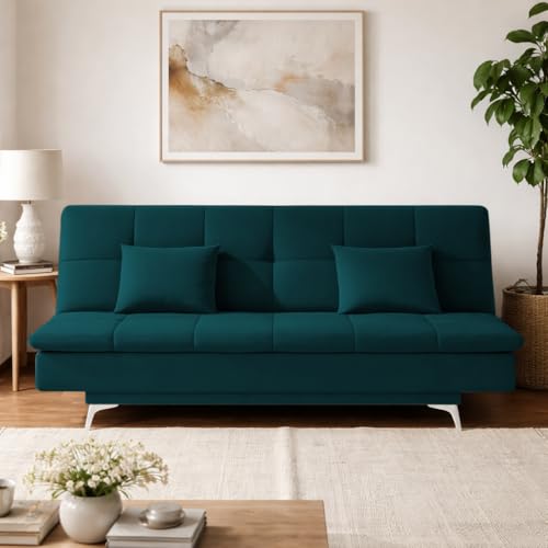 Image of Adorn India Premium New Aspen 3 Seater Sofa Cum Bed 4X6 Velvet Suede with 2 Cushions (Color Ocean Blue) and Suitable for All Indoor, with 3 Years Warranty