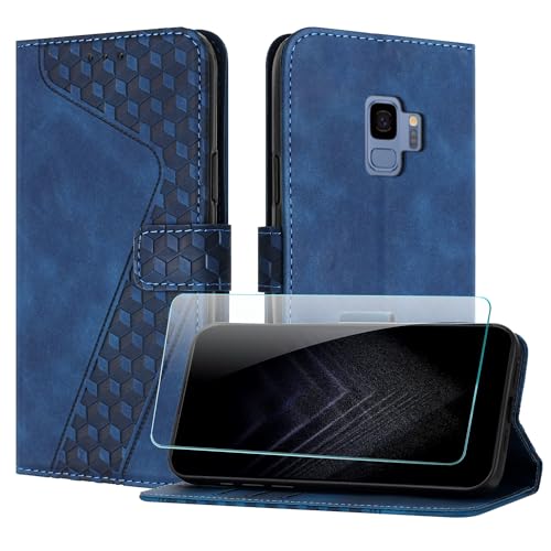 Image of JayModCase Case for Samsung Galaxy S9 with Screen Protector, Flip Wallet PU for Galaxy S9 cover [Card Holder] [Magnetic Closure] [Kickstand] 360 Shockproof Protective Case - Blue