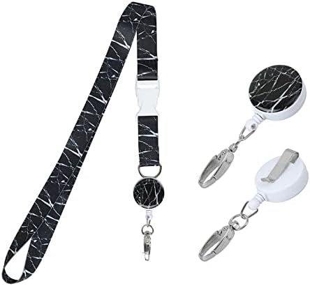 Retractable Badge Holders with Lanyard,Fashionable Lanyards with ID Card Retractable Holders Adjustable Neck Strap Neck Lanyard for Women and Men Student Doctor Nurse Teacher (Lanyard Black Marble)