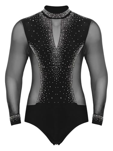 Aislor Herren Latein Tanzbody Tango Rumba Hemd Bodysuit Jumpsuit mit Knöpfen Im Schritt Turnier Trikot Glitzer Tanz Kostüm Schwarz L