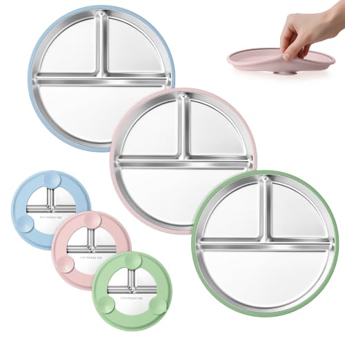 Onader Baby Teller mit Saugnapf Set 3-tlg Edelstahl Kinderteller für Kleinkinder Geteilter Teller Babyteller mit Rutschfest Silikonhülle für Baby-Led Weaning Spülmaschinenfest (Blau/Rosa/Grün)