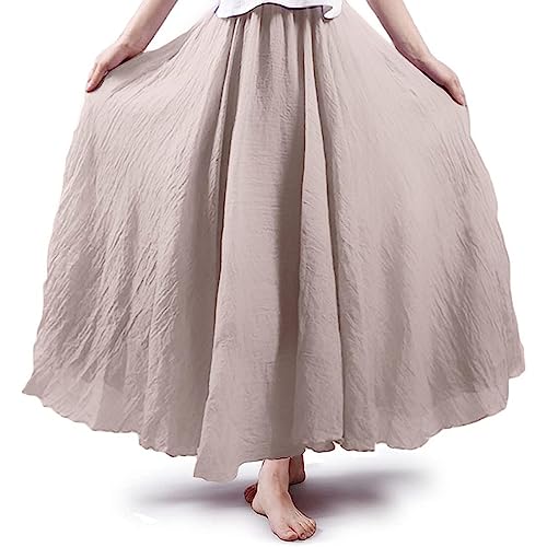 Asher Women's Bohemian Style Elastic Waist Band Cotton Linen Long Maxi  Skirt Dress Waist 23.0"-35.0" Beige at Amazon Women's Clothing store