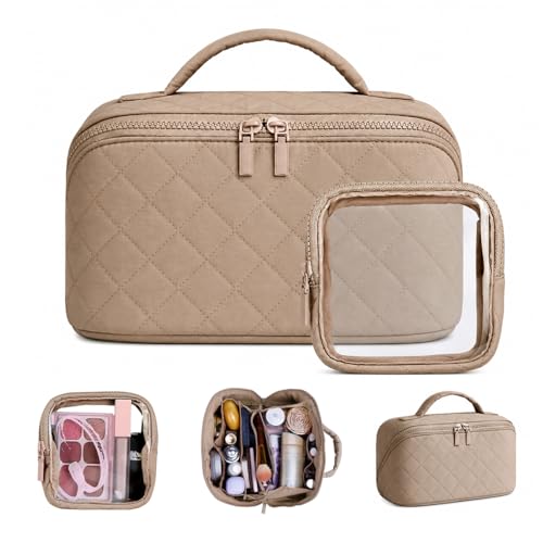 Image of Batfield Makeup Pouch Bag for Women, 2Pcs Waterproof Puffer Set with 180 Flat Open, Travel Large Capacity Makeup Bag for Women with Brush Compartment & Handle for Vacation, Business Trip (Khaki)