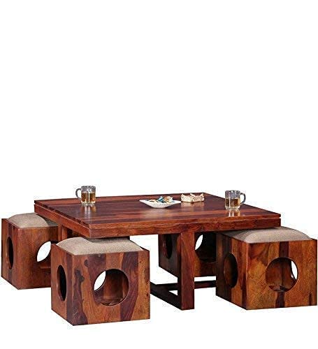 Image of Solid Sheesham Wood Coffee Table Set with 4 Cushioned Cube Stools for Living Room | Space Saving Center Table with Nested Seating | Modern Wooden Tea Table Furniture for Home & Office, Natural Teak