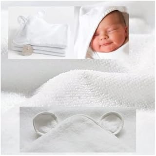 JMS Bridge Baby Hooded Towel. Bath Towel for Newborn with Hood, 100% White Cotton. Boy, Girl, Infant, Toddlers Bath Towel with Ears. Cuddles Blanket Wrap. Super Soft Zero Twist. Durable, absorbent.