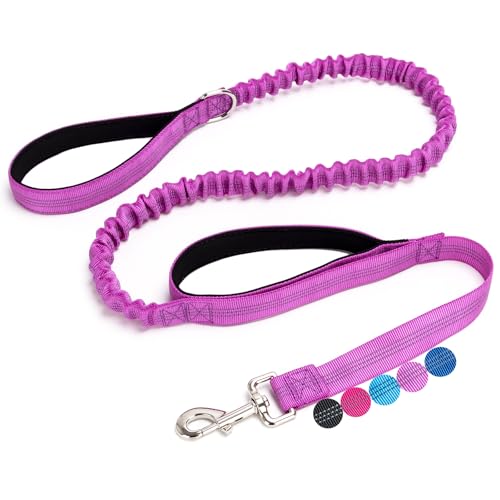 Boswany 5FT Bungee Dog Leash with 2 Handles, Reflective Strong Nylon Traffic Leash with Shock Absorbing for Large Medium Dogs Walking Training Controlling, Purple