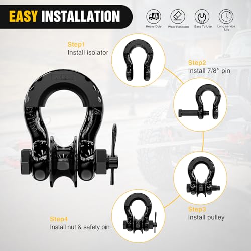Image of Nilight 3 /4 inch D-Ring Shackle w /Snatch Block (2 Pack) 9,500 lb Working Load, 2-in-1 Heavy‑Duty Towing Pulley w /Isolator for Off‑Road Recovery, Winch Cable & Rope, Truck Jeep ATV UTV Tractor, Black