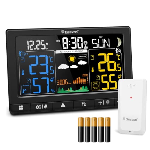Geevon Wetterstation Funk mit Außensensor, DCF-Funkuhr, Großes LCD 350° Ablesewinkel für Innen und Außentemperatur, Luftfeuchtigkeit, barometrischer, Mondphase, Wettervorhersage (246304 mit batterien)
