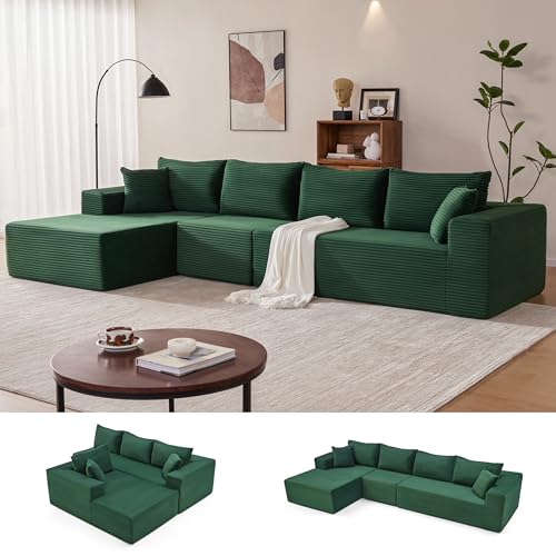 Image of Mangodan 140 inch Cloud Sectional Couch, Modular Sectional Sofa with Deep Seat, Boneless Sofa for Living Room, Fluffy Comfy L-Shaped Couch with Left Facing Chaise, No Assembly Required, Green
