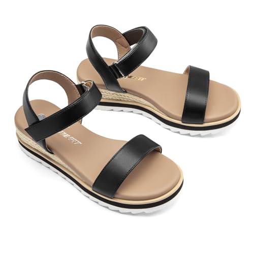 Image of Athlefit Girls Platform Wedge Sandals Open Toe Espadrille Sandals Ankle Strap Summer Dress Shoes for Toddler Little Big Kid