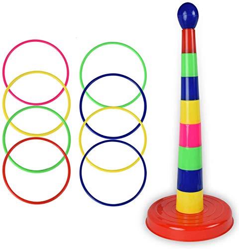elecnewell Rainbow Stacking & Nesting Cups Baby Building Set & Toss Ring Game Set | 8 Pieces Cups & 8 Throwing Hoop for All Age Indoor Outdoor Family Games (Style 2)