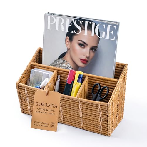 goraffia Rattan Desk Organizer – 4-Slot Letter Holder & Mail Organizer Countertop, 12.5"x6"x7.75" Wicker Mail Basket w/Metal Frame for Side Table, Boho Office Decor (Honey)