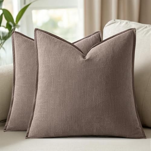 Image of Decorative Linen Solid Throw Pillow Covers 20x20 Inch Set of 2 Light Coffee Boho Accent Farmhouse Pillows Modern Neutral Home Decor for Couch Sofa Living Room Bed