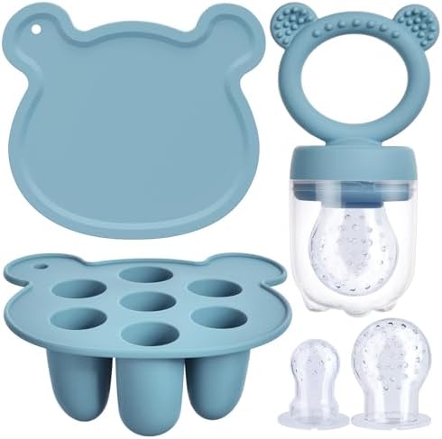 Aolso Fruchtsauger Baby, Baby-Früchte-Futterspender-Set, Babynahrungs-Aufbewahrungsbehälter, Silikon-Baby-Früchte-Futterspender für Schnuller und Muttermilch-Eis am Stiel (Blau)