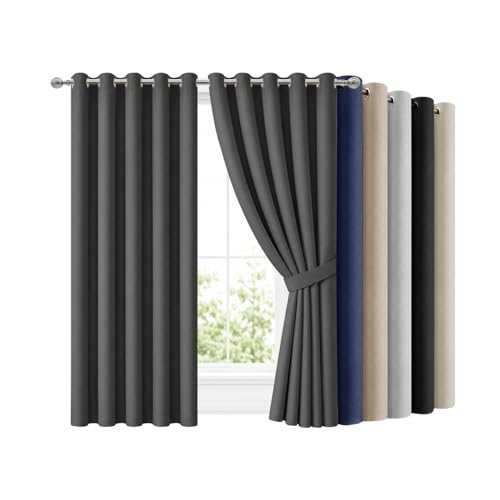 Hafaa Blackout Curtains for Bedroom 46 X 54 Inch Thermal Insulated Eyelet Grey Curtains for Living Room Super Soft Curtain & Drapes (2 Panels with 2 Tiebacks)