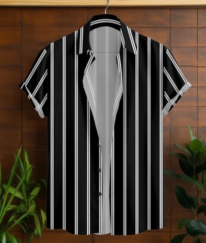 Image of Vertical Striped Short Sleeve Casual Shirt for Men, Stratchable 100% Spandex Material,Black and White