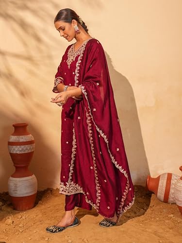 Image of Naixa Women's Vichitra Silk Embroidered A-Line Kurta with Pant and Dupatta Sets (NX-845)