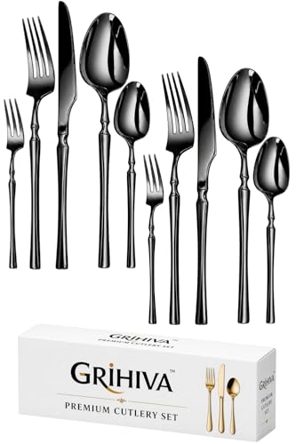 Image of 10 Pcs Black Cutlery Set for Dining Table the Perfect Lightweight Silim Handle Tableware Including Dinner Spoon, Dinner Fork, Dinner Knife, Dessert Spoon & Dessert Fork
