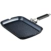 SKITCHN Grill Pan with Folding Handle Nonstick Grill Pan for Stove Tops Induction Compatible KBBQ Grill Pan with Pour Spouts Indoor Rectangle BBQ Grilling Pan 13–9IN