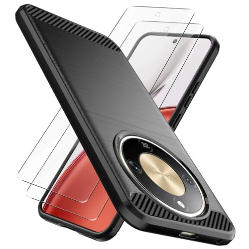 Natbok Cover for Honor Magic 8 Lite 5G Case with 2 Pack Screen Protector [Carbon Fiber Texture] Shockproof Soft Flexible TPU Slim Anti-Scratch Honor Magic8 Lite Phone Case Cover Black