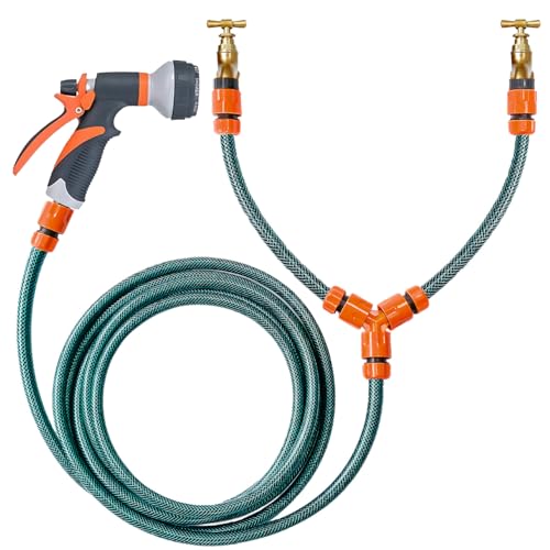Dog Shower Mixer Kit 13pc Hot & Cold Outdoor Tap Hose Set with EXTRA LONG 5m Kink-Resistant Hose Quick-Connects Y-Splitter & Multi-Spray Gun | Warm Water Dog Washing Equipment for Muddy Paws