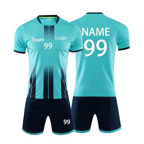 ywkiyrs Personalised Football Jersey Shirt Name Number Logo Custom Football Kit Jersey Shorts Gifts for Kids Boys Men Women Sky Blue